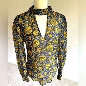 Veronica Beard Sheer Floral Tie Neck Blouse Size 4 Long Sleeve Boho Chic